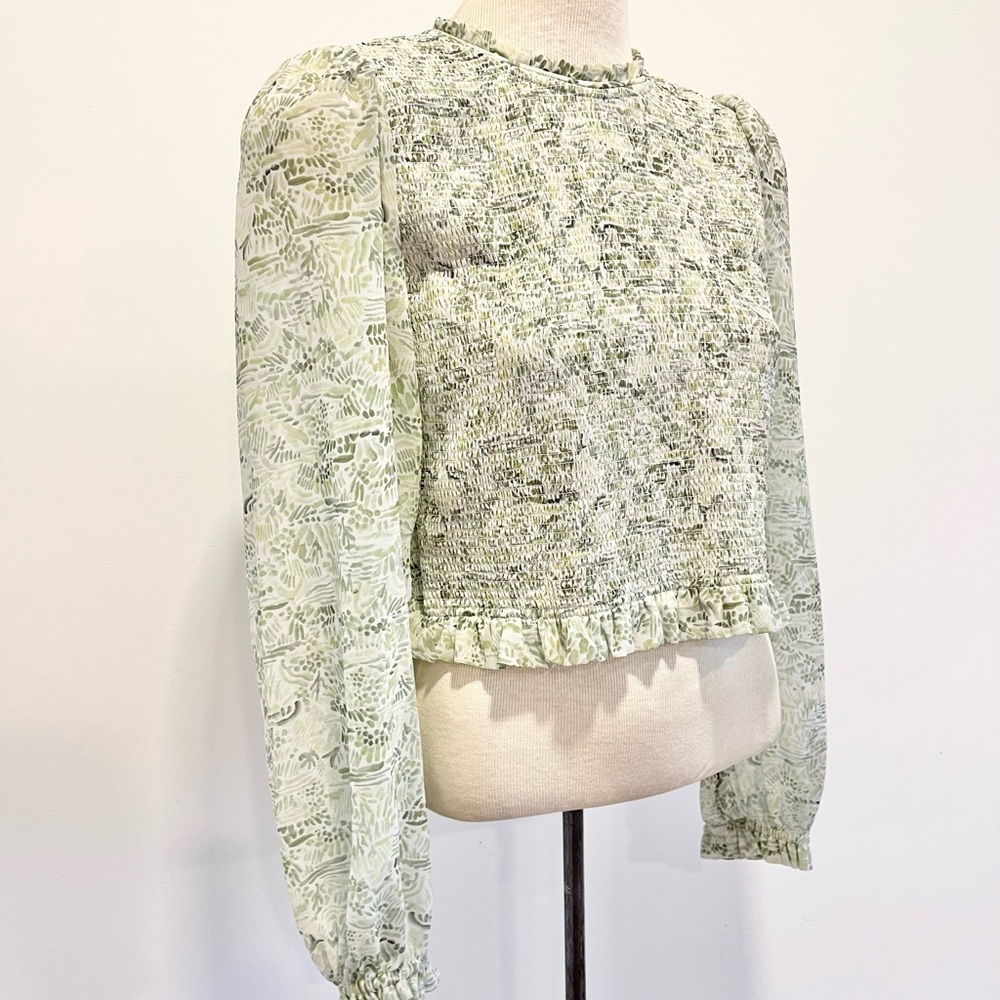Aritzia Wilfred Tempest Blouse Smocked Bodice Sheer Sleeves Green Botanical L - Picture 7 of 11
